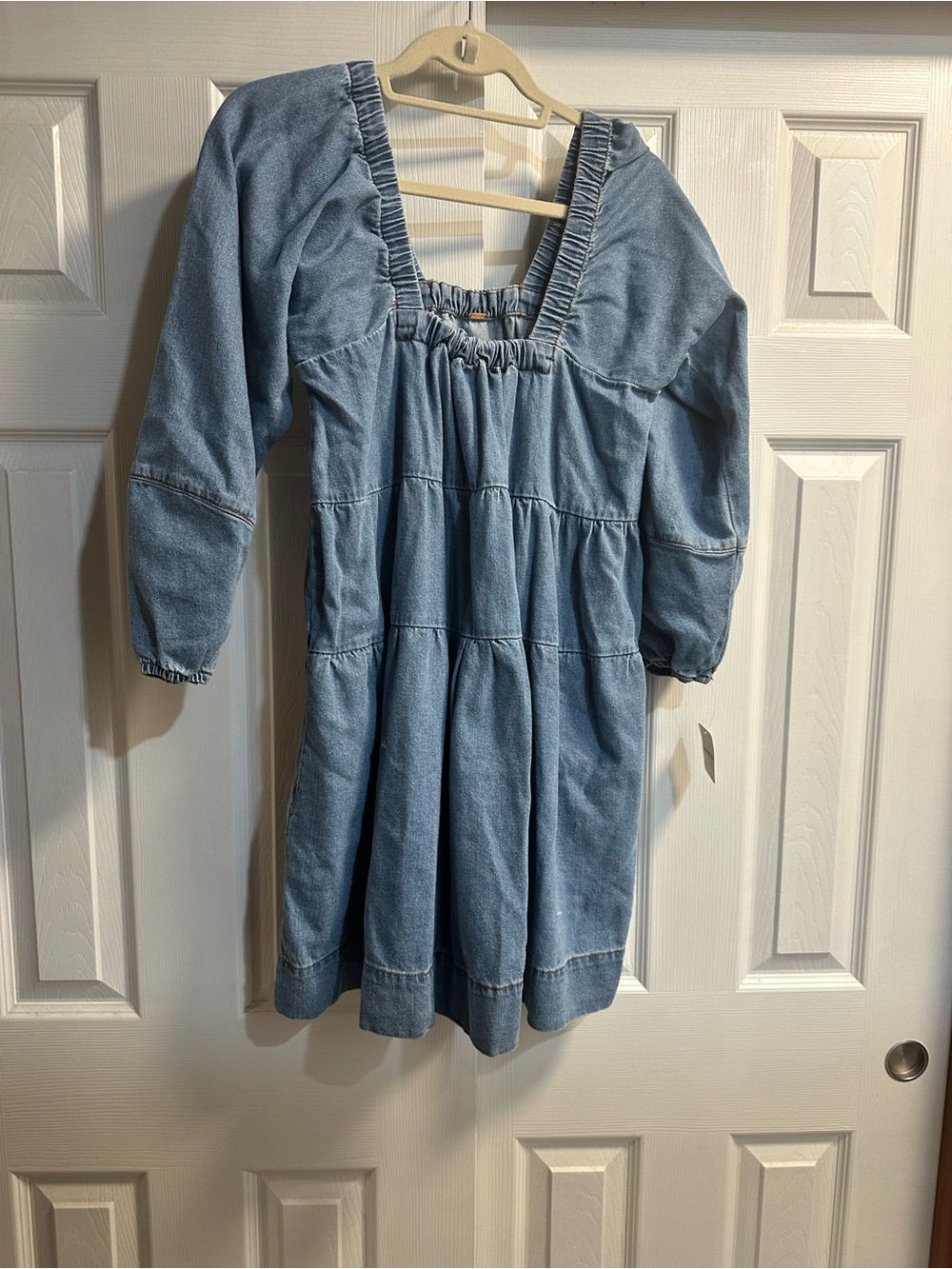 Free People Light Wash Denim Square-Neck Mini Dress